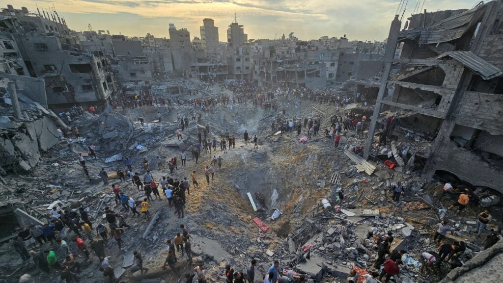 "Destruction of Gaza school after Israeli air strike, resulting in 16 civilian deaths"